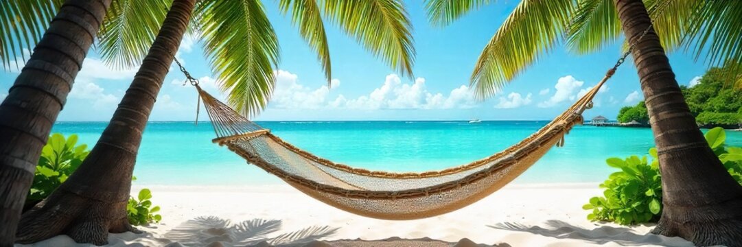 Empty, sun-drenched hammock sways gently in the tropical breeze, overlooking a pristine white sand beach and turquoise ocean Paradise found Relaxation, escape, vacation , warmth, vacation