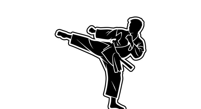 Dynamic black and white illustration of a martial artist delivering a powerful and precise high kick, showcasing strength, balance, and discipline in a classic karate training pose