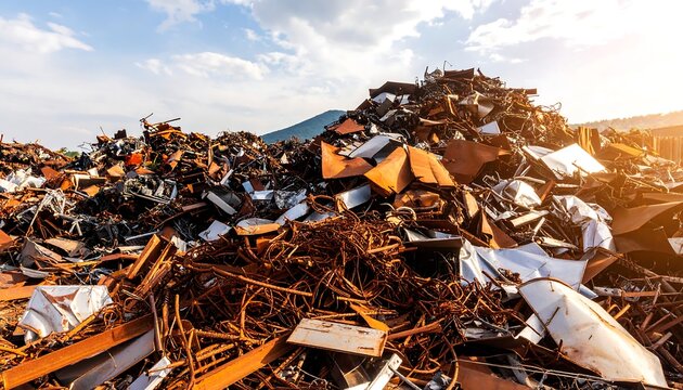 Rusty metal scraps pile against a partly cloudy sky