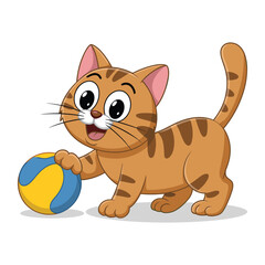 Fototapeta premium Adorable cartoon tabby kitten playing with a colorful striped ball