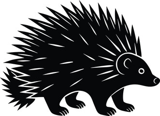 Stylized Black and White Illustration of a Walking Echidna with Spikes on white background