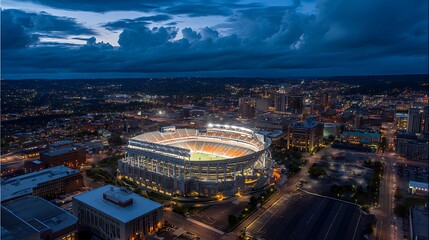 Aerial view of a brightly lit football stadium in a city at dusk, surrounded by buildings and a parking lot. The sky is dark blue with hints of clouds.