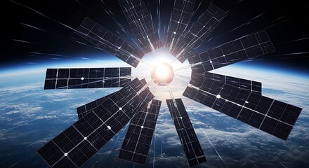 Space Station Orbiting Earth with Solar Panels and Bright Light.