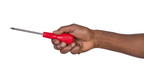 Man holding a screwdriver with red handle isolated on white or transparent background