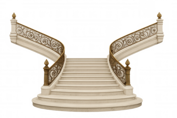 Elegant white marble double staircase with ornate golden handrails, showcasing sophisticated architectural design against minimalist transparent background
