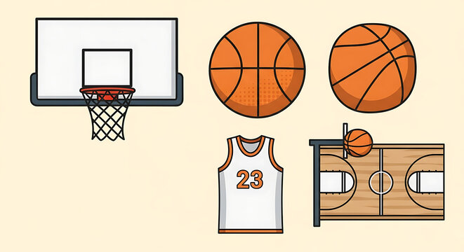 A collection of flat design vector icons showcasing various basketball essentials like a hoop, game ball, player jersey, and a miniature court