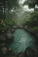 Fototapeta premium Misty tropical rainforest with a serene pond and lush foliage.