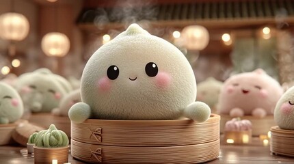 Cute steamed bao bun character smiling in bamboo steamer basket with rising vapor in traditional dim‑sum restaurant – charming 3D loop animation for Asian‑food branding