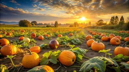 Pumpkin patch at sunset with golden light
