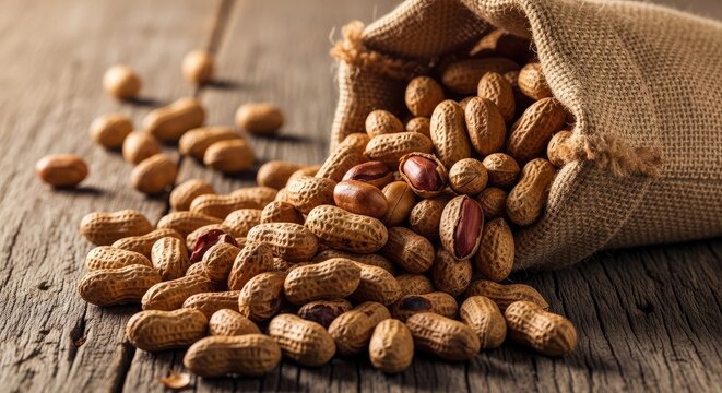 Roasted peanuts spilling out of a rustic burlap sack onto a weathered wooden table, natural light. - Powered by Adobe