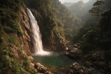 Stunning waterfall cascading into a lush tropical jungle scenery.