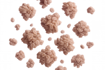 Crunchy golden cereal clusters falling dynamically, highlighting crisp texture for food marketing visual content