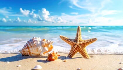 A vibrant starfish rests on the sun-kissed tropical shore, its star shape a perfect contrast to the ocean's gentle waves