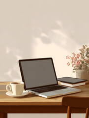 Fototapeta premium Modern laptop and coffee cup on wooden desk in a sunny home workspace