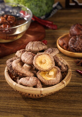 Fresh Shiitake Mushrooms in Bamboo Basket - Traditional Asian Cooking Ingredients Still Life