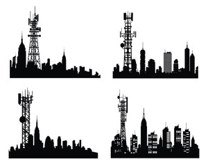 Cell tower and antenna tower silhouette with city skyline, urban telecommunication and network signal tower illustration, communication technology and modern cityscape vector design on white backgroun