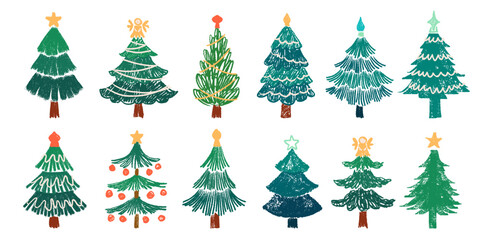 Crayon drawn christmas trees set. Childish winter holiday graphic decorating with wax crayons texture. Grunge pine with stars and ornaments new year vector decor