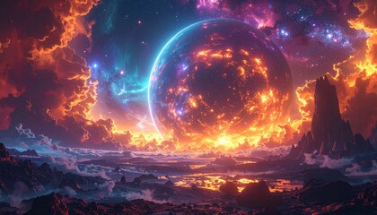 Glowing nebula with sphere planet formation. Space exploration concept art. Detailed high quality image. 