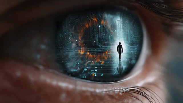 A person's eye is displayed a man walking through a city. Futuristic closeup AI glowing eye with reflection of human silhouette, ai governance ethics dark conceptual ethics, deepfake detection