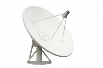 Large white satellite dish capturing signals, isolated on transparent background, ideal for telecommunications and broadcasting projects