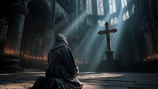 Devout pilgrim kneeling alone beneath cross as sunbeams pierce gothic cathedral nave &ndash; atmospheric 4K faith scene for spirituality, worship and medieval‑architecture storytelling