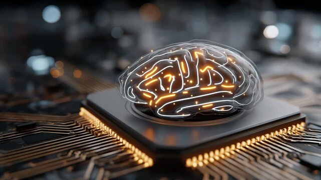 A computer chip with a brain on it. Futuristic closeup of AI chip glowing with neural network patterns, minimal clean lab environment, superintelligence labs conceptual, quantum ai development