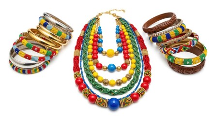 Colorful African Beaded Jewelry: Bangles and Necklace on White Background