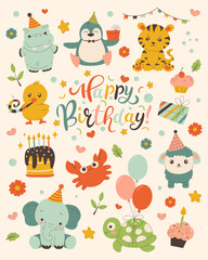 Happy Birthday Set for Kids with Cute Animals.