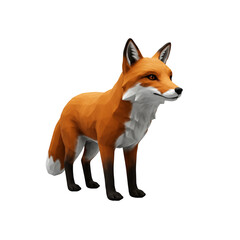 Fototapeta premium Low poly fox standing with orange fur and white chest, showing clever and alert expression