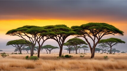 A fiery sunrise over the African savanna, golden grass swaying in the wind, acacia trees silhouetted, wild and free mood, fine art nature photography
