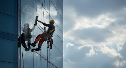 Window Washer Working on a Glass Skyscraper Exterior with Cloudy Sky