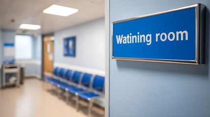 British hospital waiting room sign points towards empty clean corridor. Blue sign indicates waiting room. Modern chairs, information board visible in background. Focus on clean.