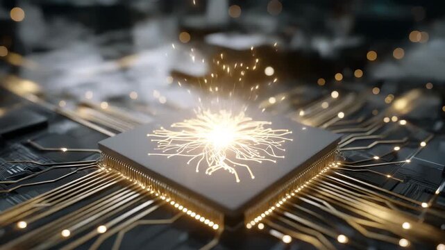 A computer chip with a yellow light on it. Futuristic closeup of AI chip glowing with neural network patterns, minimal clean lab environment, superintelligence labs conceptual, quantum ai development