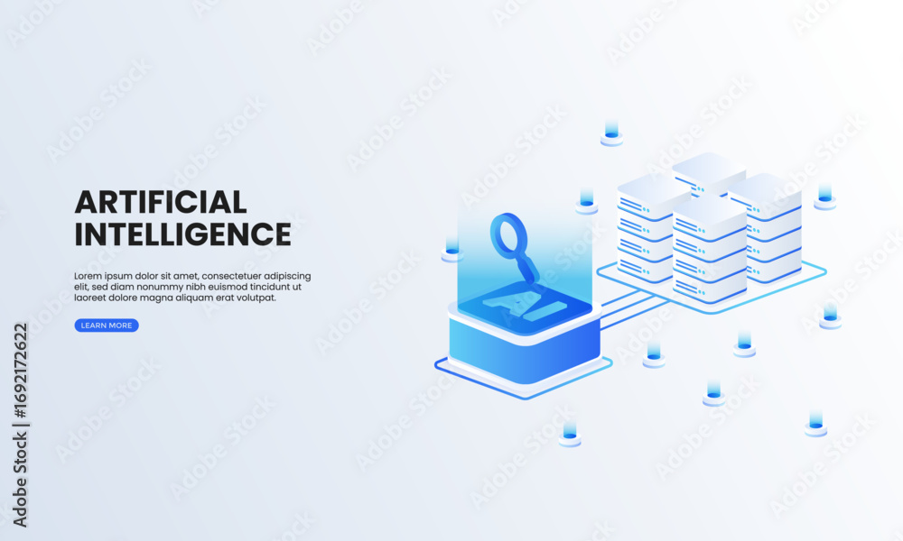 Poster artificial intelligence search engine optimization isometric vector illustration. ai search connecte