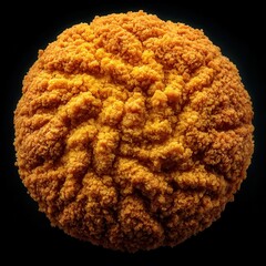 Unique close-up of a textured spherical object resembling a fluffy orange material illuminated against a dark background
