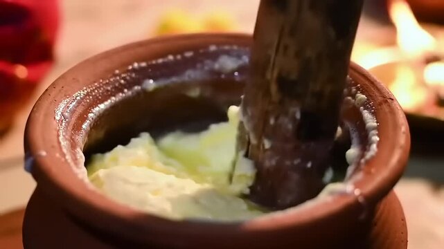 Clay pot with churning curd, and rural home.