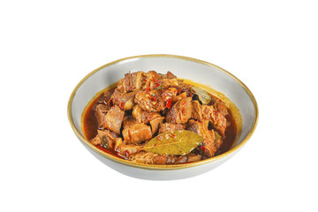 Spicy Stewed Beef Chunks in Ceramic Bowl - Delicious Traditional Comfort Food with Bay Leaf and Rich Sauce