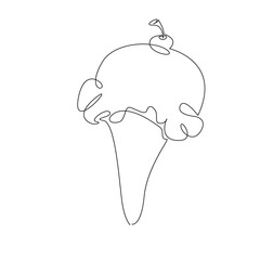 One continuous single drawing line art flat doodle ice cream, summer, cherry, food, cone, waffle, dessert, sweet, cold. Isolated image hand draw contour on a white background, hand drawn, not AI