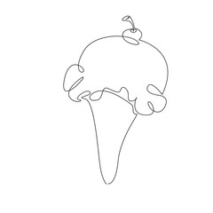 One continuous single drawing line art flat doodle ice cream, summer, cherry, food, cone, waffle, dessert, sweet, cold. Isolated image hand draw contour on a white background, hand drawn, not AI