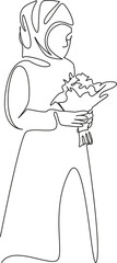 One continuous single drawing line art flat doodle bride, wedding, flower, bouquet, ceremony, woman, dress, muslim. Isolated image hand draw contour on a white background, hand drawn, not AI
