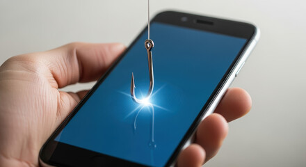 Exploring phone fraud with a smartphone and fishing hook, symbolizing digital scams and online deception. Investigating phone fraud can protect against data phishing and security breaches.