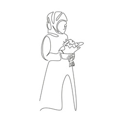 One continuous single drawing line art flat doodle bride, wedding, flower, bouquet, ceremony, woman, dress, muslim. Isolated image hand draw contour on a white background, hand drawn, not AI