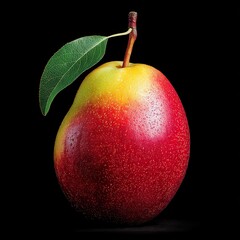 Bright and shiny mango with dew drops on a black background showcasing vibrant colors and fresh appearance