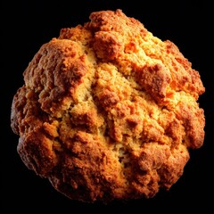 Freshly baked golden scone with a crunchy top displayed against a dark background