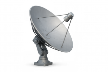 Large satellite dish capturing signals with transparent background, ideal for telecommunications, broadcasting, and space exploration projects