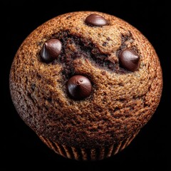 Delicious chocolate chip muffin topped with melty chocolate pieces against a dark background