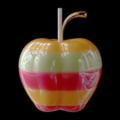 Colorful layered candy apple with a straw on a black background showcasing its vibrant layers