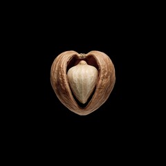 Intricate structure of a pecan shell revealing its delicate nut inside, captured in perfect detail against a black backdrop