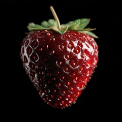 Fresh ripe strawberry suspended against a black background showcasing its vibrant color and texture