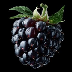 Ripe blackberries glistening with water droplets against a black background